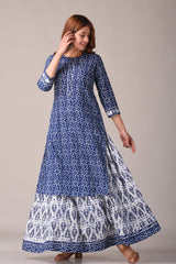 Floral Ethnic Motif Block Printed Pure Cotton Indigo Kurta And Skirt Set