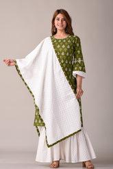 Pure Cotton Ethnic Motif Jaipuri Printed Green and White Kurta, Sharara And Dupatta Set