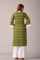 Pure Cotton Ethnic Motif Jaipuri Printed Green and White Kurta, Sharara And Dupatta Set