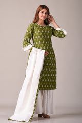 Pure Cotton Ethnic Motif Jaipuri Printed Green and White Kurta, Sharara And Dupatta Set