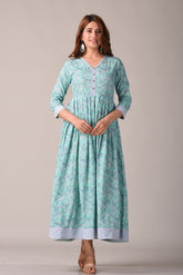 Floral Aqua Green Block Printed Pure Cotton Maxi Dress