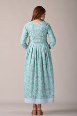 Floral Aqua Green Block Printed Pure Cotton Maxi Dress