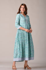 Floral Aqua Green Block Printed Pure Cotton Maxi Dress