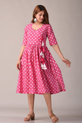 Abstract Pink Printed Pure Cotton Midi Dress