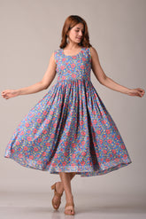 Floral Blue Printed Pure Cotton Midi Dress