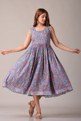 Floral Blue Printed Pure Cotton Midi Dress
