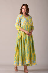 side view of flowing cotton block print dress for women