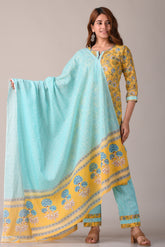 Yellow Floral Jaipuri Printed Pure Cotton Kurta, Pant And Dupatta Set