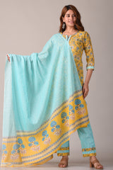 Yellow Floral Jaipuri Printed Pure Cotton Kurta, Pant And Dupatta Set