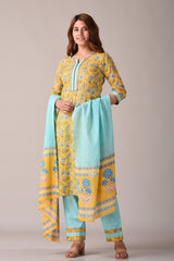 Yellow Floral Jaipuri Printed Pure Cotton Kurta, Pant And Dupatta Set