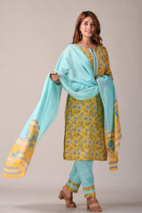 Yellow Floral Jaipuri Printed Pure Cotton Kurta, Pant And Dupatta Set