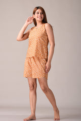 Orange Paisley Printed Pure Cotton Nightsuit and Loungewear (Top & Shorts Set)