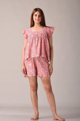 Peach Floral Printed Pure Cotton Nightsuit and Loungewear (Top & Shorts Set)