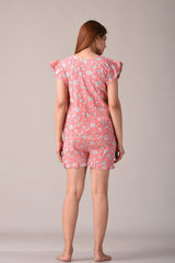 Peach Floral Printed Pure Cotton Nightsuit and Loungewear (Top & Shorts Set)