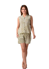 Olive Paisley Printed Pure Cotton Nightsuit and Loungewear (Top & Shorts Set)