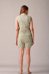 Olive Paisley Printed Pure Cotton Nightsuit and Loungewear (Top & Shorts Set)