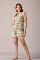 Olive Paisley Printed Pure Cotton Nightsuit and Loungewear (Top & Shorts Set)