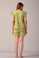 Olive Floral Printed Pure Cotton Nightsuit and Loungewear (Top & Shorts Set)