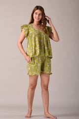 Olive Floral Printed Pure Cotton Nightsuit and Loungewear (Top & Shorts Set)