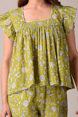 Olive Floral Printed Pure Cotton Nightsuit and Loungewear (Top & Shorts Set)