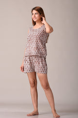 Brown Paisley Printed Pure Cotton Nightsuit and Loungewear (Top & Shorts Set)