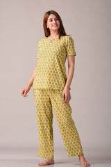 Yellow Paisley Printed Pure Cotton Nightsuit and Loungewear (Top & Pyajama Set)