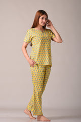 Yellow Paisley Printed Pure Cotton Nightsuit and Loungewear (Top & Pyajama Set)