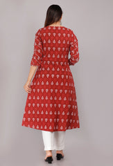 Red Ethnic Motif Printed Pure Cotton A-Line Kurta