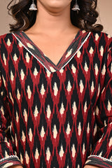 close-up of traditional Jaipuri block print on cotton kurti