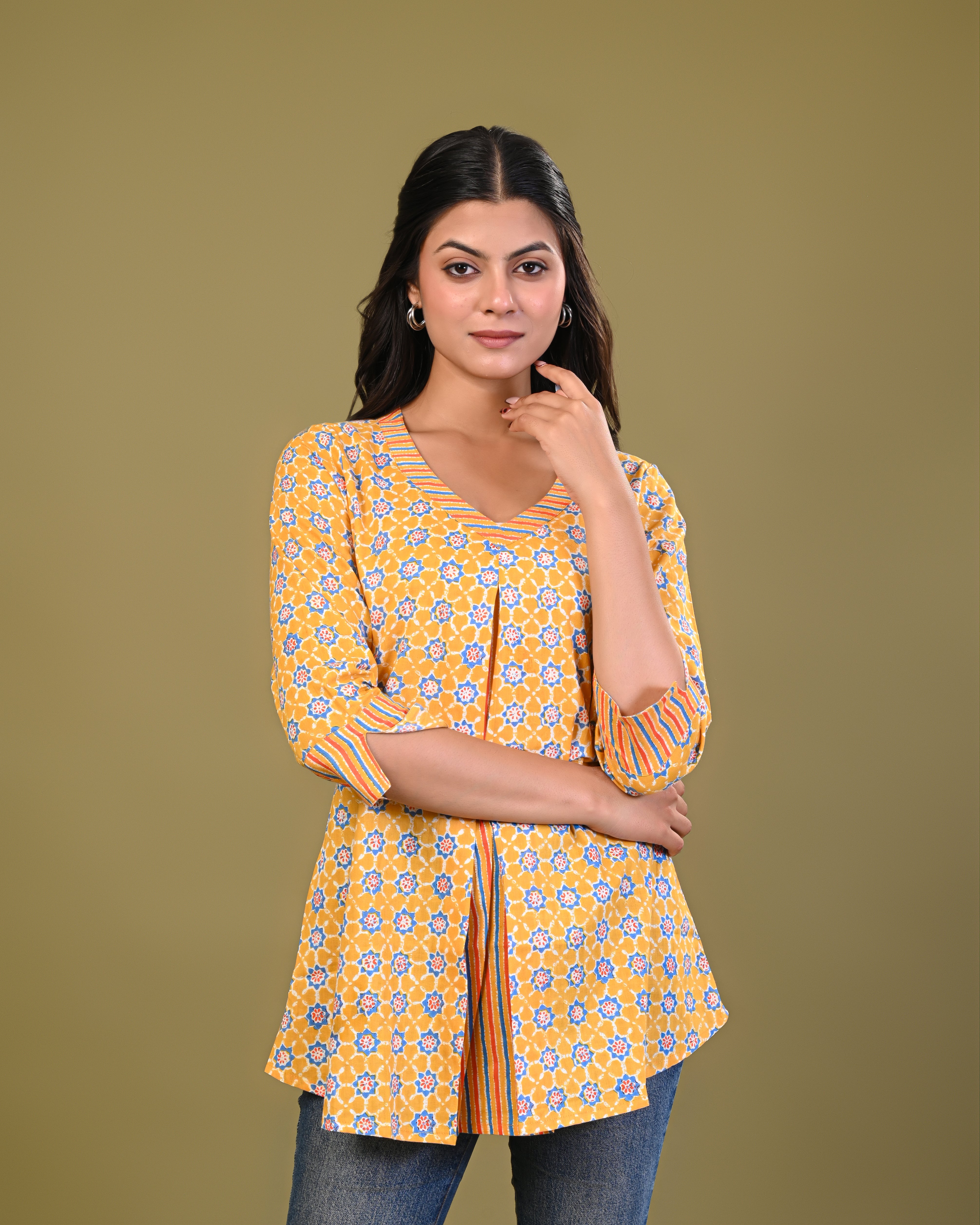 women’s Yellow pure cotton Jaipuri block printed top