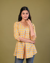 women’s Yellow pure cotton Jaipuri block printed top