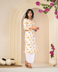 side view of Off White cotton block print kurti for women