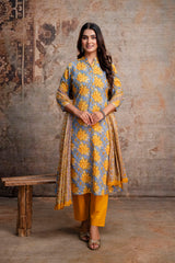 Greyish Blue Floral Printed Pure Cotton Straight Kurta with Trousers & Printed Dupatta