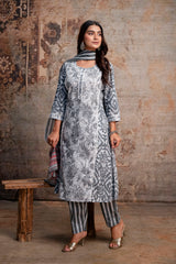 Grey & White Leaf Print Pure Cotton Kurta with Chevron Trousers & Dupatta