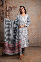Grey & White Leaf Print Pure Cotton Kurta with Chevron Trousers & Dupatta