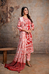 Red & White Warli Folk Print Pure Cotton Kurta with Trousers & Dupatta
