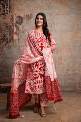 Red & White Warli Folk Print Pure Cotton Kurta with Trousers & Dupatta
