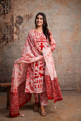 Red & White Warli Folk Print Pure Cotton Kurta with Trousers & Dupatta