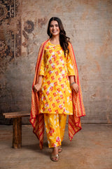 Yellow Boota Print Pure Cotton Kurta Pant Dupatta Set