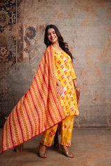 Yellow Boota Print Pure Cotton Kurta Pant Dupatta Set