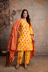 Yellow Boota Print Pure Cotton Kurta Pant Dupatta Set