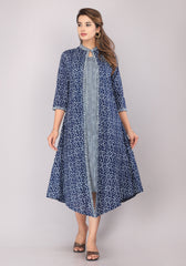 Ethnic Motif Block Printed Pure Cotton Indigo Kurta And Shrug Set