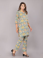 Grey Floral Printed Pure Cotton Co-ord Set