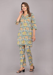side view of cotton block print co-ord set for women
