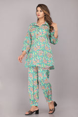 side view of cotton block print co-ord set for women
