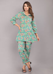 women [Sea Green pure cotton block printed co-ord set