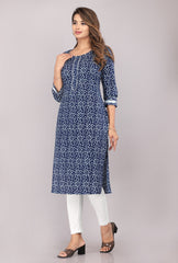 side view of navy blue cotton block print kurti for women