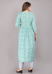 Aqua Green Floral Printed Pure Cotton Nyra Cut Kurta Pant Dupatta Set