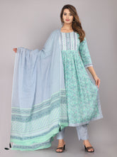 Aqua Green Floral Printed Pure Cotton Nyra Cut Kurta Pant Dupatta Set