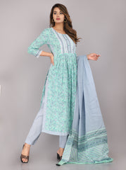 Aqua Green Floral Printed Pure Cotton Nyra Cut Kurta Pant Dupatta Set